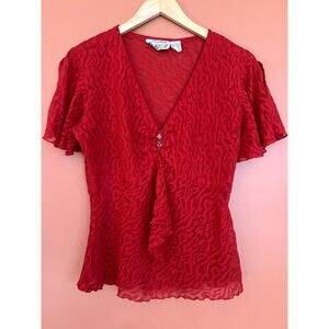 90s/Y2K Vintage Sheer Ruby Red Tiger Print Top by Freestyle - Size Large